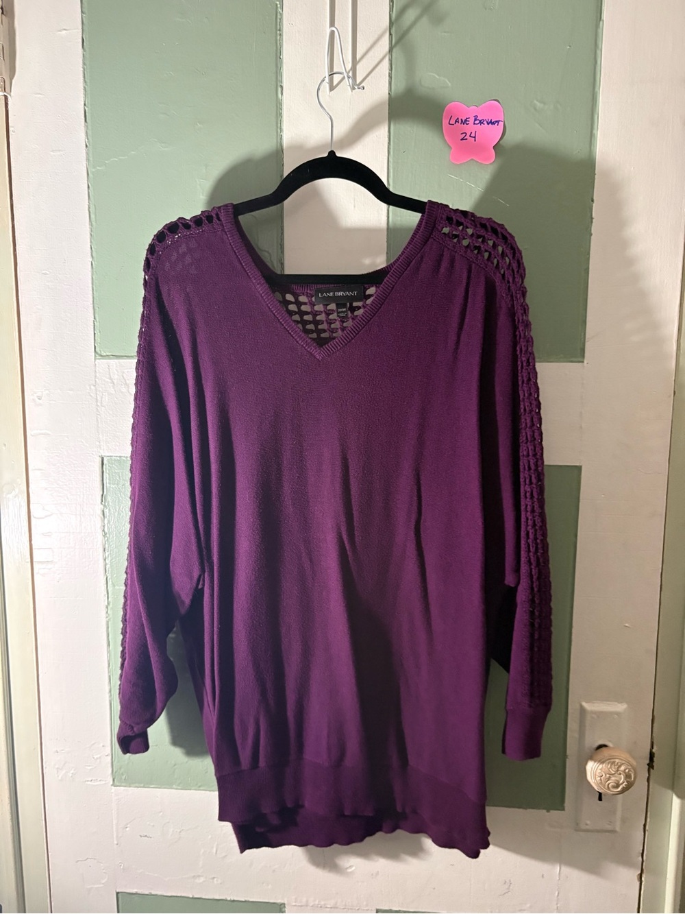 Lane Bryant Deep Purple V-Neck Sweater with Crochet Sleeve Detail